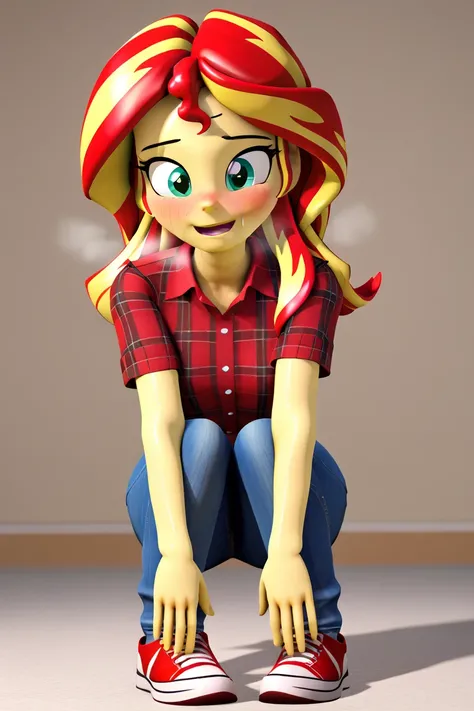 score_9, score_8_up, score_7_up BREAKSambaNekoStyle, sunset shimmer, 3d, sourcefilmmaker ,pestil, painterly hair, sharp contrasts, ,Sunset shimmerEQG, red hair , green eyes, yellow skin, red flannel collared shirt, short sleeves, blue jeans, half body smil...