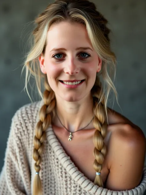 A high resolution image of an athletic young woman with very pale skin, rosy cheeks, and pink lips. She is smiling, She has blonde hair with long, braided hair and is wearing a fuzzy sweater that exposes her bare legs. The image captures every detail of a ...