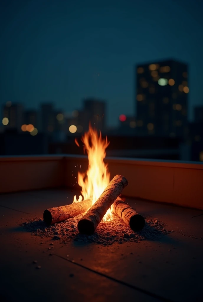 Realistic small campfire on rooftop, dark background, logs not in accurate position, close clicked picture