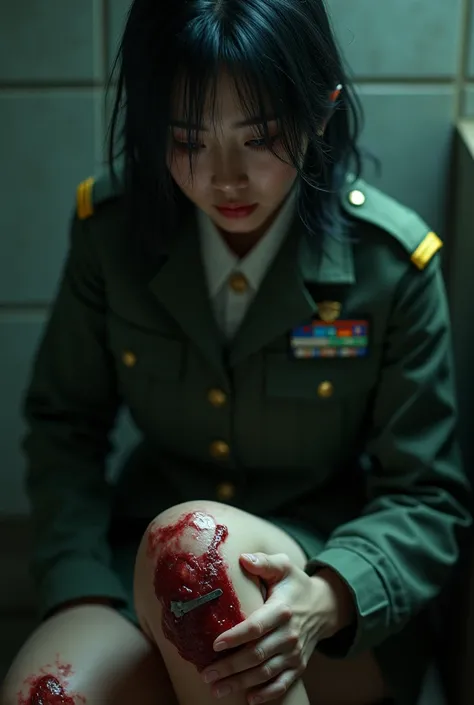 A beautiful Asian woman, military uniform with tie, micro miniskirt, long boots, suffering expression, crying, heavy bleeding from her thighs, (((knife impaled in her thigh))), man stabbing her thigh with a knife,(best quality,4k,8k,highres,masterpiece:1.2...