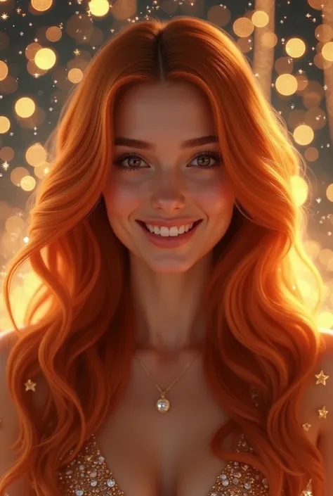 Happy New Year 2025 woman long orange hair and brown eyes 