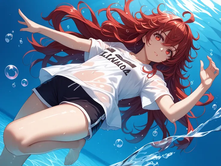 solo,{{{まんがタイムきらら}}}, shadowverse,shiny red eyes,eye reflection,messy hair,red hair,long hair,red eyes,ahoge,lens flare,water,shiny water,water reflection, {{underwater,pool}},shorts,loose t-shirts dress,swimming,short sleeves,floating,shiny bubble