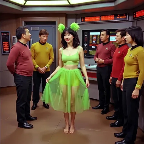 Star Trek 1960s, the crew of the Enterprise greet an alien ambassador (cute, fancy hairdo, age 24, green feathers in hair, loud make up, sheer airy green dress no underwear, bare feet), multiple subjects
