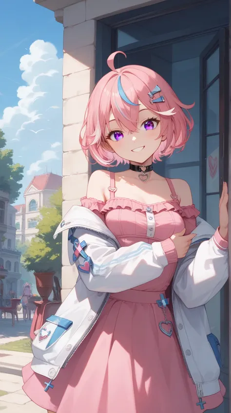  anime style, masterpiece,  top quality ,  GREAT QUALITY ,  very sophisticated ,  high resolution,  ultra detail,  absurd, up to date, scenery, 1girl, Virtual YouTuber,two-tone hair collar, pink hair, blue underlayer, hair between eyes, short hair, heart-s...