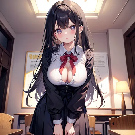 (( top quality )), ((masterpiece)), (  Details), (Super high resolution)、 cute girl、 very young、solo、
( black hair、 very long straight hair)、 very big breasts、 cleavage in years、
perfect face、Perfect Hair、超 Detailsな肌、超 Detailsな瞳、
( down blouse、 collared sh...