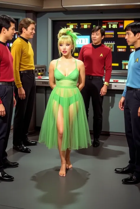 Star Trek 1960s, the crew of the Enterprise greet an alien ambassador (cute, fancy hairdo, age 24, green feathers in hair, loud make up, sheer airy green dress no underwear, bare feet), multiple subjects
