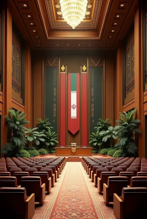 The design of the conference hall for the growth of the university and having dark and golden colors and natural plants, symbols and motifs of the Iranian flag and