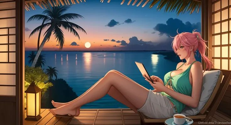 "A woman med boobs with pastel green and pink hair tied in a ponytail sits barefoot on a bamboo chair on a rooftop balcony overlooking a tropical island. She is dressed in a black tank top and loose beach shorts, typing on her laptop. A cup of coffee sits ...