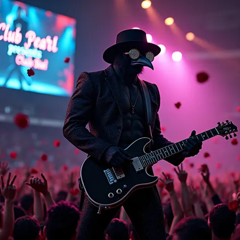 Stadium Blues Rock concert. The band "The Obsidian Flow Project" rocks the stage. The focus on their lead singer and guitarist, Obsidian Crow, a muscular humanoid crow donned in an ornate black and shining diamond suit, a black fedora pulled low and large ...