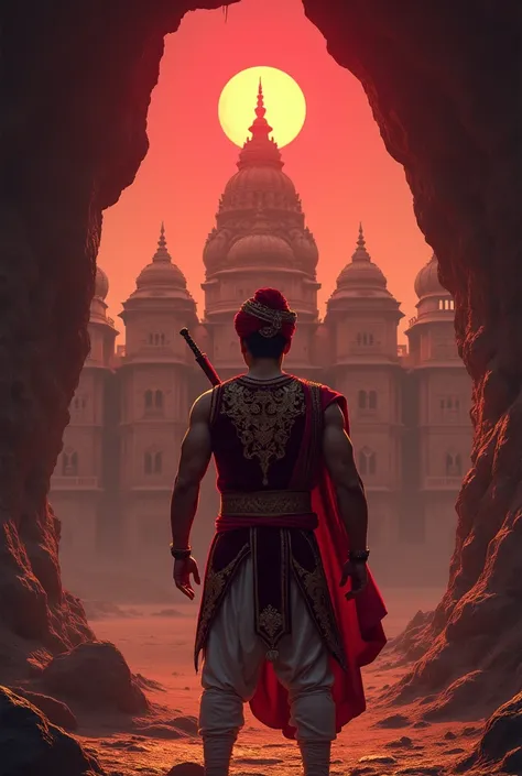 "A grand Rajasthani palace with intricate carvings and towering spires looms in the background. King Ajit stands at the entrance of a dark, ominous cave, his figure commanding attention. He is a young and muscular Rajasthani king, wearing traditional royal...