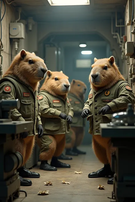 Capybaras soldiers and capybaras generals in a military bunker