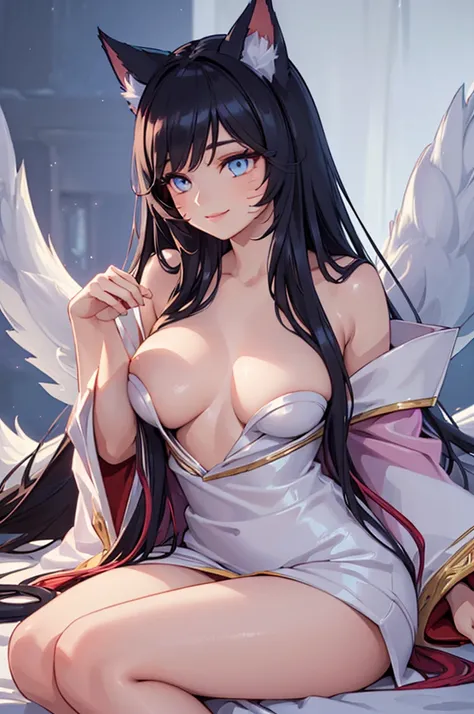 (best quality,ultra-detailed,realistic:1.37),Ahri,spa,luxurious,relaxing atmosphere,beautiful detailed eyes,beautiful detailed lips,smiling,bathrobe,sitting upright,black hair,nine white tails,peaceful background,portraits,vivid colors,soft lighting,tranqu...