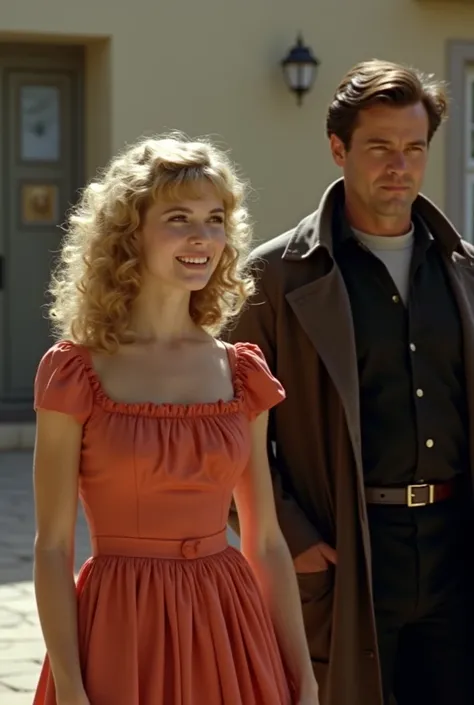 Picture of a women with blond curly  hair and a big smile and sunkissed skin with a ruffle dress clothes from 1960s with a man in a dark trenchcoat and nice clothes who looks stoic in a movie from the 1960s 