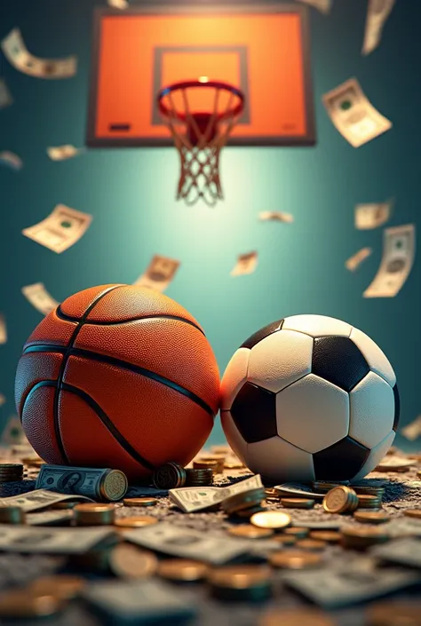  Create an image for the cover of You Tube, Called Guarantee the Gain .  With basketball and soccer balls ,  with lots of money around ,  and with a basketball basket .