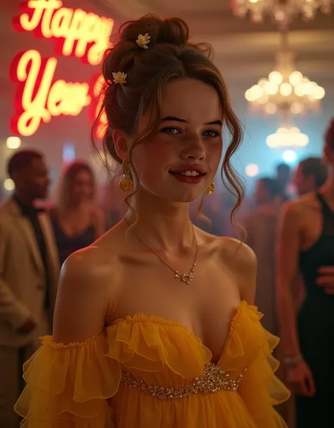 very detailed, 8k, masterpiece, One girl, brown ruffles_hair_tube, yellow prom dress, put_it_all, light smile, (perfect_face), standing at New Years party, stylish beautiful vintage ballroom, happy new year inscription in the background, Brilliant, Put tog...