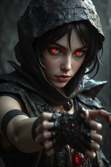 ( top quality , Ultra HD 8K , photorealistic)( Fighting Pose :1.5)( RANDOM ANGLE :1.5) Dark Fantasy Style、 beautiful girl、Black short hair、assassin、black headscarf 、Black Robe、 ultra detail,( detail eyes), red eyes,  Best Details , ( glowing eyes),