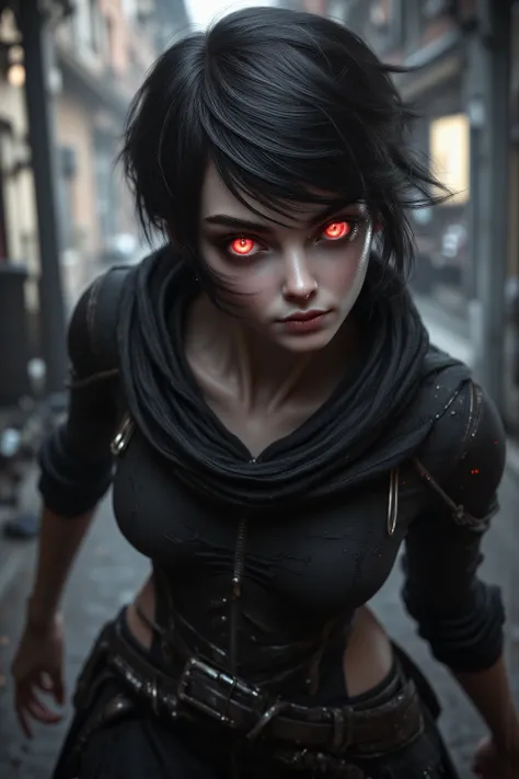 ( top quality , Ultra HD 8K , photorealistic)( Fighting Pose :1.5)( RANDOM ANGLE :1.5) Dark Fantasy Style、 beautiful girl、Black short hair、assassin、black headscarf 、Black Robe、 ultra detail,( detail eyes), red eyes,  Best Details , ( glowing eyes),