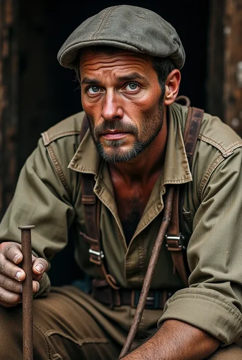 "A medieval painting-style close-up of a weary sewer cleaner, wearing tattered, mud-stained clothes, holding a primitive tool and gazing into the distance."