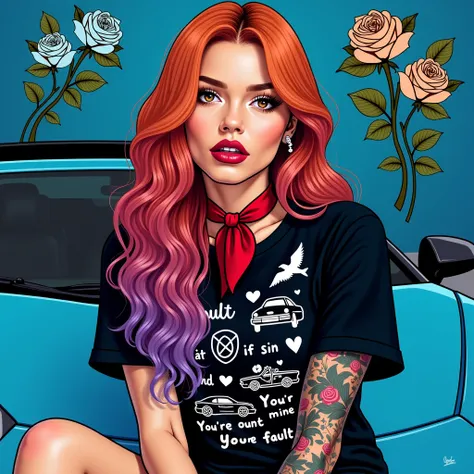  realistic image of a natural woman with long coral red hair with purple highlights  ,  brown eyes , thick matte lips marked  ,   illuminating makeup on her face nails a strong woman , powerful, beautiful and attractive with wavy .  wears a black t-shirt d...