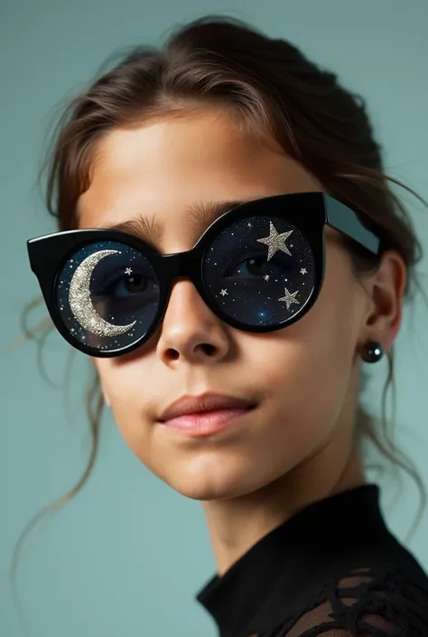 The model is wearing glass sunglasses with stars and the moon on the glass