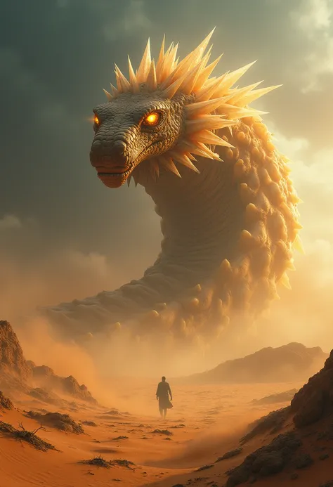 A cinematic and awe-inspiring shot of the Sand Leviathan, a colossal serpentine creature erupting from the arid desert sands. Its immense, sinuous body is armored with jagged, translucent crystalline spines that glint ominously under the harsh desert sun. ...