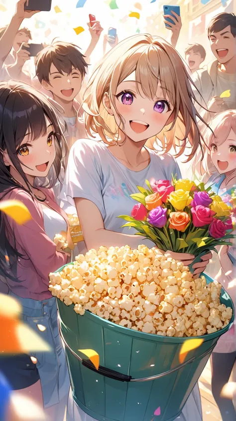 A vibrant scene featuring a young woman standing at the center holding a large bucket of popcorn with a cheerful expression. Behind her, a lively group of fans, both male and female, are engaged in playful activities. Some are enthusiastically playing mobi...