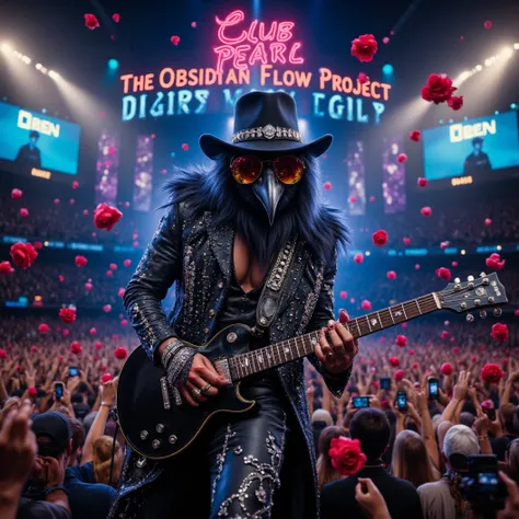 Stadium Blues Rock concert. The band "The Obsidian Flow Project" rocks the stage. The focus on their lead singer and guitarist, Obsidian Crow, a muscular humanoid crow donned in an ornate black and shining diamond suit, a black fedora pulled low and large ...