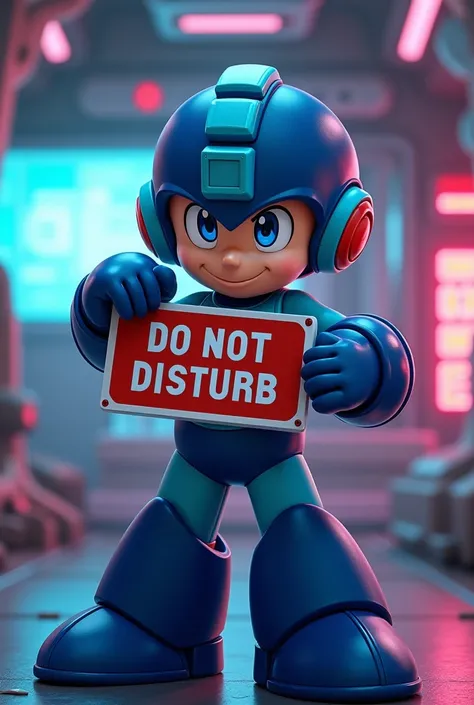 megaman holding a do not disturb sign