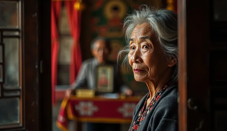  photo of old Vietnamese mother standing at the door, expectant eyes .  The ancestral altar also appears ,  evokes the atmosphere of the traditional New Year . Peach Tree Bouquet