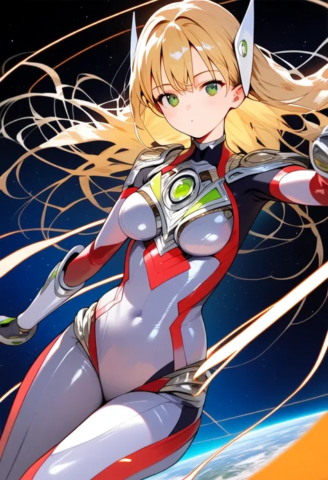 ( top quality ),woman,room, original ,Blonde , green eyes, silver metallic bodysuit,Ultra Girl,,space background , ultra detail, sharp concentration ,Midea, score_9, score_8_ up, score_7_ up, source_Anime,