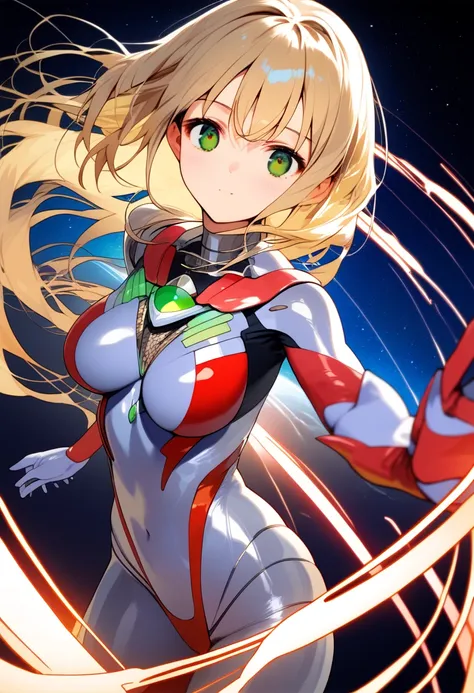 ( top quality ),woman,room, original ,Blonde , green eyes, silver metallic bodysuit,Ultra Girl,,space background , ultra detail, sharp concentration ,Midea, score_9, score_8_ up, score_7_ up, source_Anime,