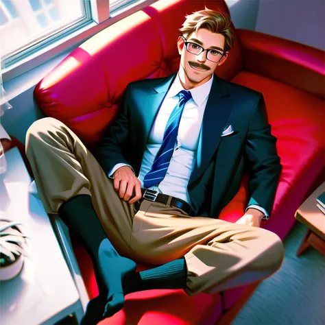 ,Handsome muscular brown haired man with brown eyes smiling, looking at the viewer, , wearing glasses, moustache, black suit and pink shirt, blue tie, brown pants, wearing black socks, lying on a red sofa, office background, window, modern design, foot foc...