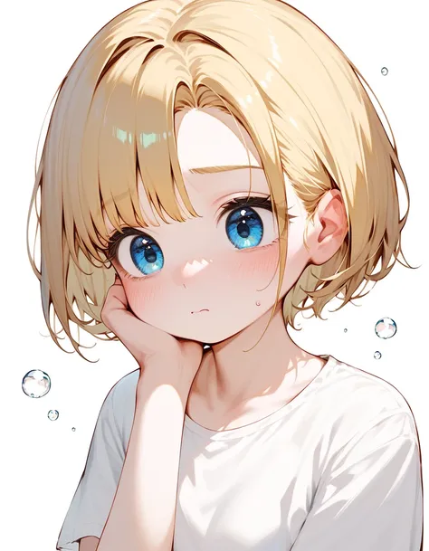 girl, short hair ,In sparkling blue eyes, golden hair,  chest, medium size , White Shirt ,Shy,Young lady,Hiso.