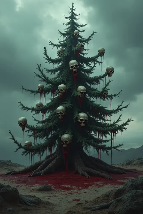 In a sad and terrifying place there is a Christmas tree with human skulls and blood on it.