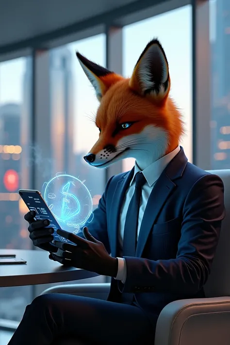 Give me a picture of a fox who is vaping and trading crypto.