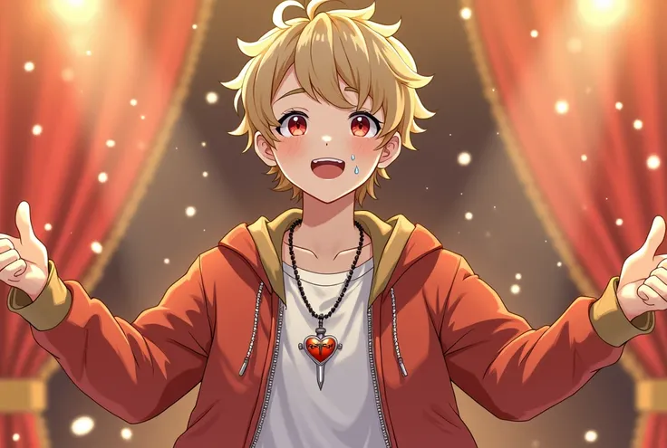 a boy with a short-curly blonde hair and bright-red eyes standing on a bright and fancy stage. His bangs cover his eyes by a little and he has an eager stare on his face with a checky grin. His skin is pale and fair-skinned, he is wearing a red-fancy long ...