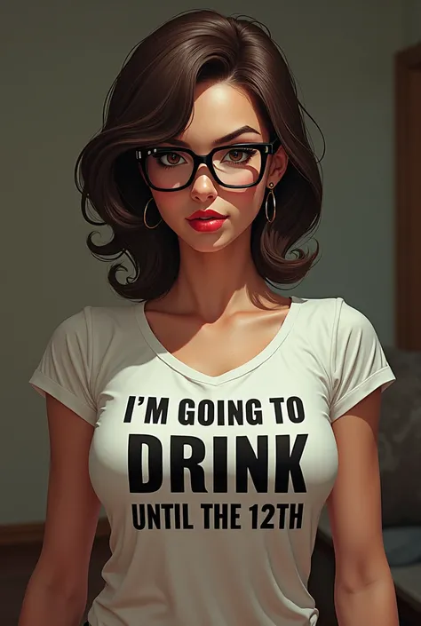 Create a female figure ,  herself wearing glasses,  written on the shirt IM GOING TO DRINK UNTIL THE 12TH