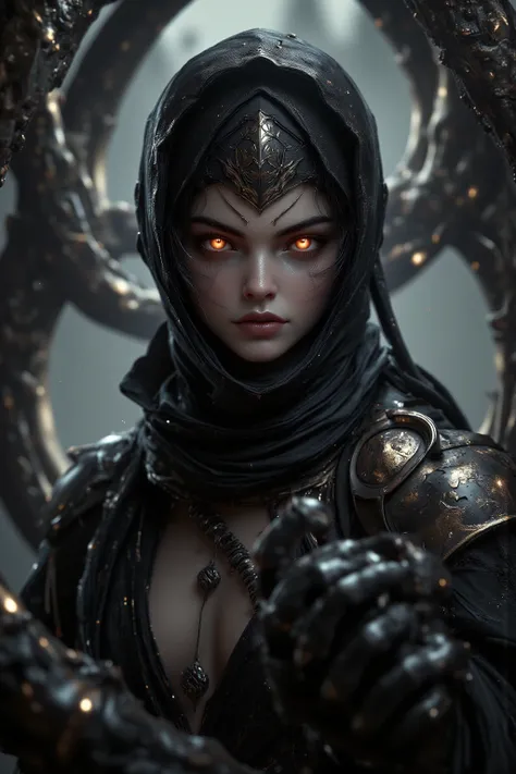 ( top quality , Ultra HD 8K , photorealistic)( Fighting Pose :1.5)( RANDOM ANGLE :1.5) Dark Fantasy Style、 beautiful girl、Black short hair、assassin、black headscarf 、Black Robe、 ultra detail,( detail eyes), red eyes,  Best Details , ( glowing eyes),