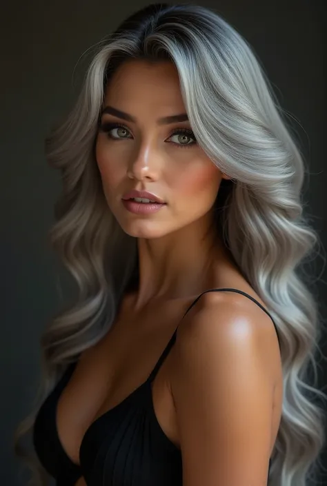 Sexy beautiful youthful looking Filipino version of Ariana Grande as a 50 years old woman with her completely gray hair in a sexy hairstyle as a Porn girl