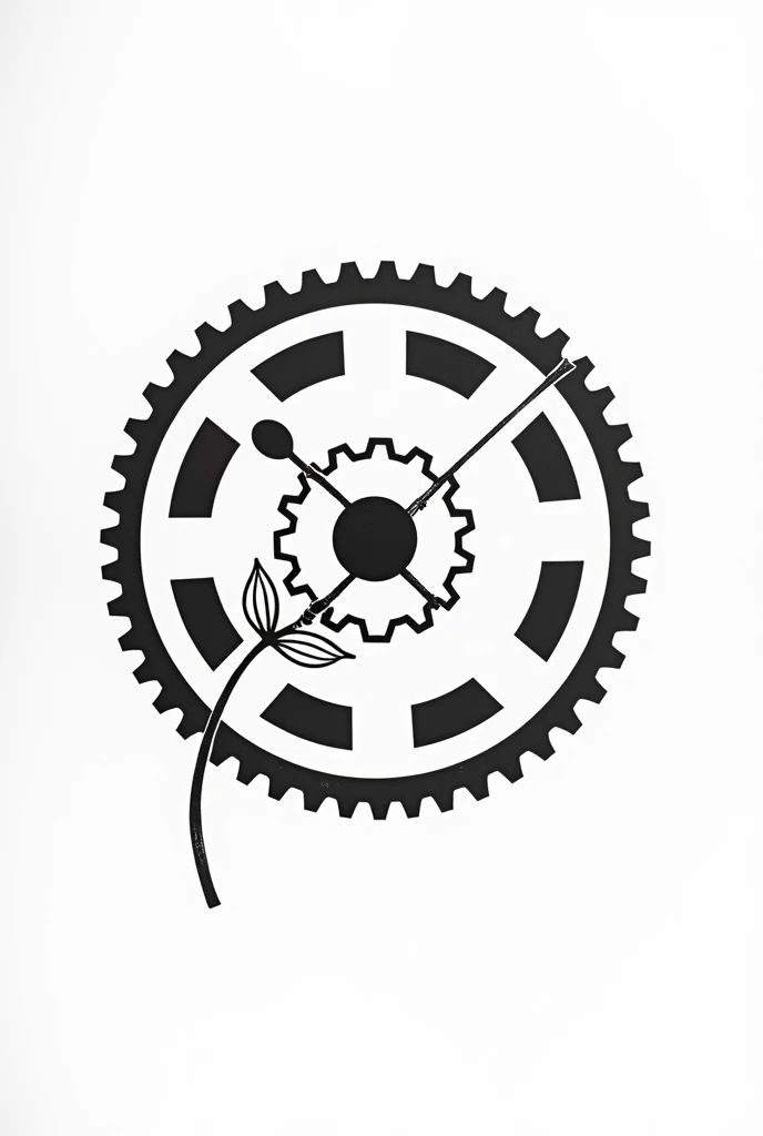 Create the classic black and white manga cartoon design in a circular shape where the geometric design of a gear and an atom merge, And on top of these shapes, a branch with three leaves , no errors or failures. 