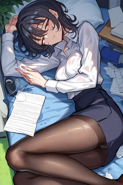 score_9, score_8_up, score_7_up, Ms.Downer, black_hair, red_eyes, medium_hair, office_lady, miniskirt, white_shirt, collared_shirt, black_pantyhose, outdoors, indoor, bedroom, sleeping on the bed, sweat all over clothes, body soaked, clothes are a little m...