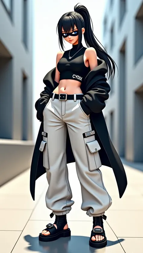 [anime 3D]  A young woman in a futuristic and modern fashion style ,  wears black and white colored clothes .  Black top in asymmetrical crop-top style Metrics combined and logo "CYNIX" with wide-cut white cargo pants,  complete with pocket detail and deco...