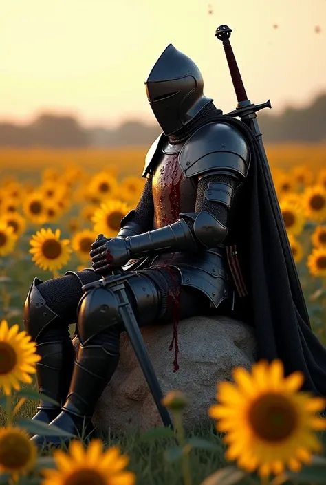 Create a knight wearing black light armour cowerd in blood give him 2 blades one in the righ hand and the second one biheind his back and he’s sitting on a rock in the sun flowers field 