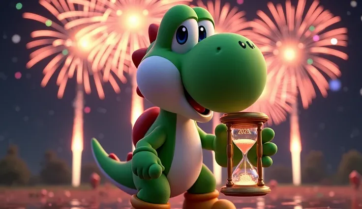 Créer une image réaliste de Yoshi avec un sablier dans les mains noté dessus 2024 en haut et 2025 en bas du sablier. Ajoutez Happy New Year en feu dartifices 