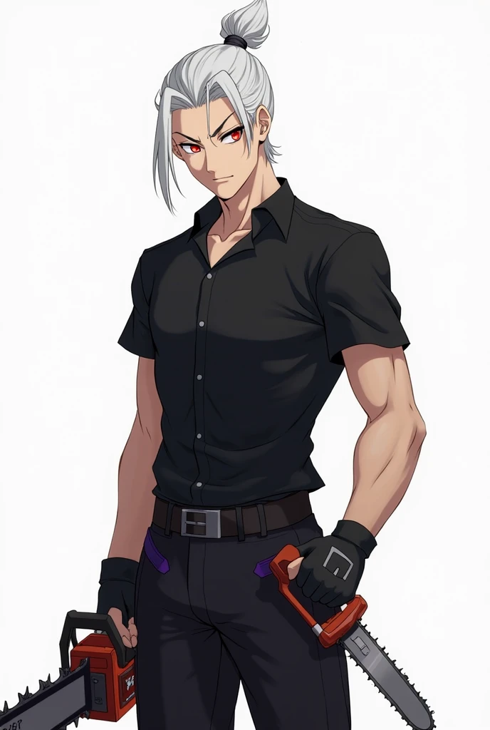 Anime style, a man 1.80 meters tall, athletic body, white hair in a bun, his expression is serious, his eyebrows are white and the irises of his eyes are red, he is wearing a black shirt, a glove with exposed fingers, black pants with small purple and red ...