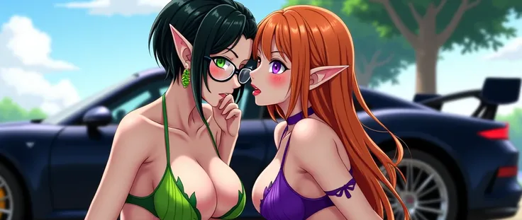  two girls. racing car.  posing . Sexy anime elf in ,  full height,  in green underwear .  She has short black and green hair ,  bright green eyes . She is wearing round glasses,  bites her neck with highlights and round earrings .  Next to her is a sexy g...