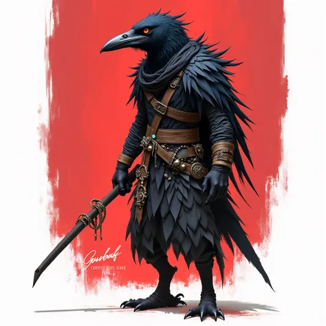 an image of a Ravenfolk A humanoid figure covered in black feathers, with a sleek, sharp beak and glowing, intelligent eyes.
Their clothing is dark and tattered, resembling a traveler or wanderer, with belts and pouches filled with small trinkets, shiny ob...