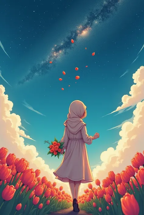 Create a book cover with title DONT FORGIVE ME, written by TheGirlNextCurtain, a young girl in islamic hijab walking in tulip field, wearing long dress, holding a bouquet in her hand, lovely starry fantasy background in the sky, Naoko Takeuchi manga style