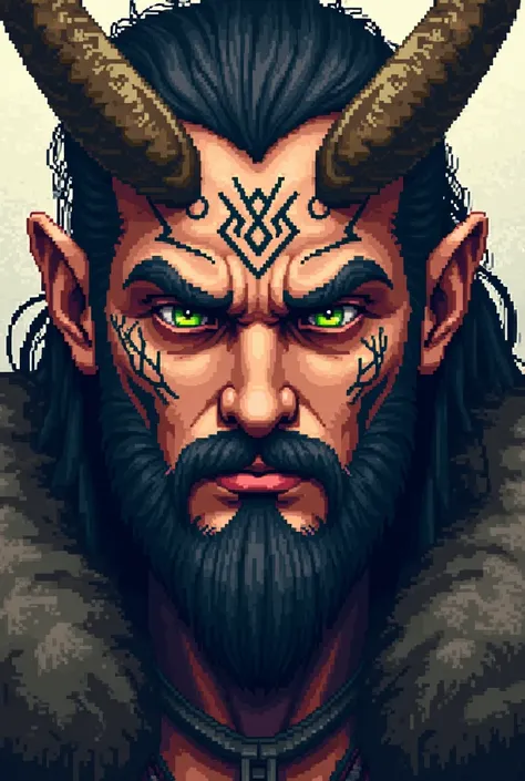 Pixelart of the face of Loki Fantastic Viking Warrior