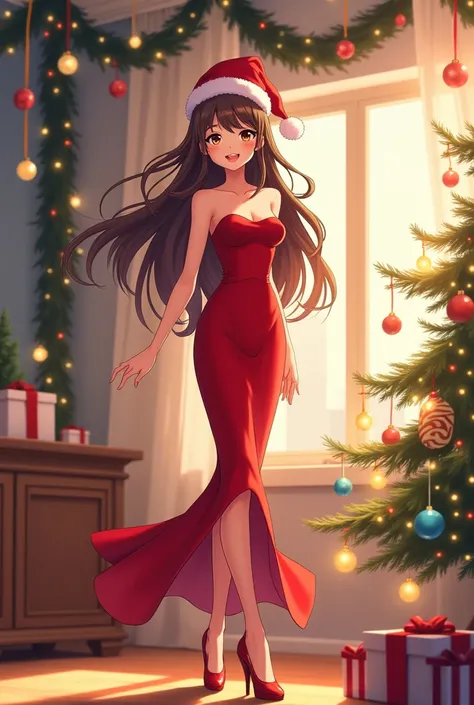 Young anime woman standing in a decorated room in a New year party, with long brunette hair and brown eyes, wearing red new years skinny evening dress, wearing red shoes and christmas cap, looking with smile, a christmas tree standing nearby